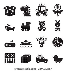 Toy icons set . Robot, ball, car, train, bunny, teddy bear, puzzle, piano, plane, magic box, carriage princess