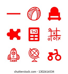toy icons set with substract, tic tac toe hand drawn game and toy rocket hand drawn space ship vector set