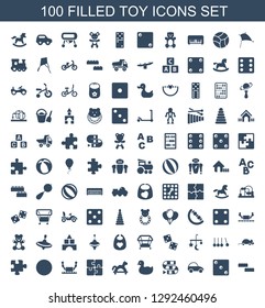 toy icons. Trendy 100 toy icons. Contain icons such as building block, Dice, toy car, dice game, duck, horse, puzzle, robot, beach ball, mouse toy. icon for web and mobile.