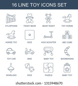 toy icons. Trendy 16 toy icons. Contain icons such as xylophone, teddy bear, bear teddy, toy horse, horse Dice, kick scooter, ABC cube, car. icon for web and mobile.