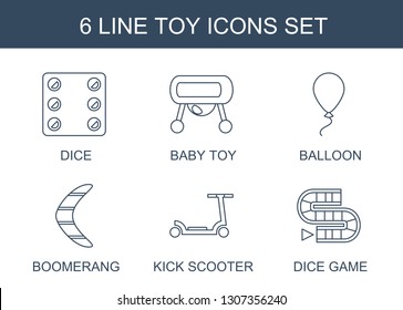 toy icons. Trendy 6 toy icons. Contain icons such as Dice, baby toy, balloon, boomerang, kick scooter, dice game. icon for web and mobile.