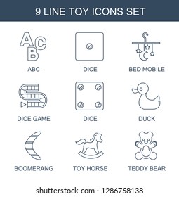 toy icons. Trendy 9 toy icons. Contain icons such as ABC, Dice, bed mobile, dice game, duck, boomerang, toy horse, teddy bear. icon for web and mobile.