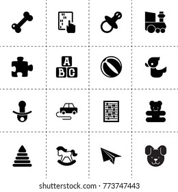 Toy icons. vector collection filled toy icons. includes symbols such as abacus, puzzle, a b c cube, dog, duck, teddy bear, pacifier. use for web, mobile and ui design.