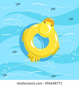 Toy Inflatable Duck Ring With Blue Sea Water On Background