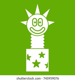 Toy jumping out of box icon white isolated on green background. Vector illustration