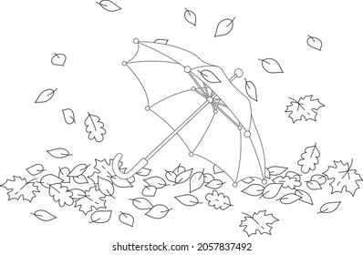 Toy kids umbrella among fallen autumn leaves in a park, black and white outline vector cartoon illustration for a coloring book page