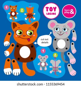 Toy lacing made by hand. Moving cat and mouse. Collect toy by cutting out details of paper and following instructions from tips. Learn and play series. Vector isolated. Hand draw illustration.