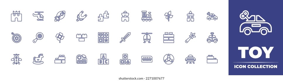 Toy line icon collection. Editable stroke. Vector illustration. Containing sand castle, helicopter, rocket, slingshot, puzzle, blocks, train, pinwheel, car, yoyo, baby rattle, windmill, shapes, sword.