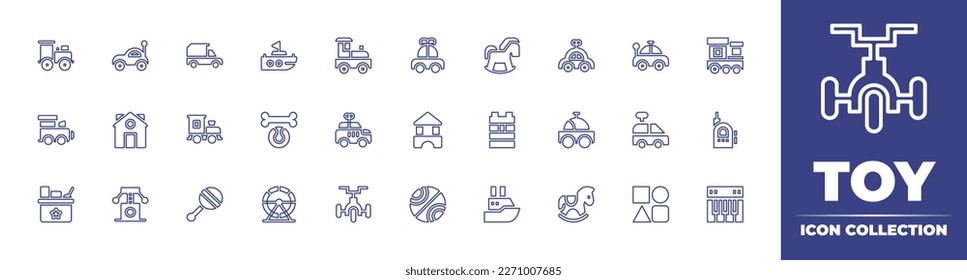 Toy line icon collection. Editable stroke. Vector illustration. Containing kite, duck, car toy, rc car, toy, rocking horse, car, rattle, tic tac toe, ball, plane, helicopter, scratcher, submarine.