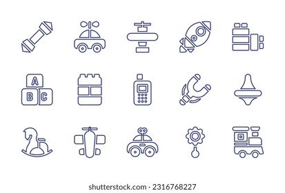 Toy line icon set. Editable stroke. Vector illustration. Containing animals, car, airplane, rocket, blocks, abc, lego, phone, slingshot, spinning top, rocking horse, plane, car toy, rattle, train.