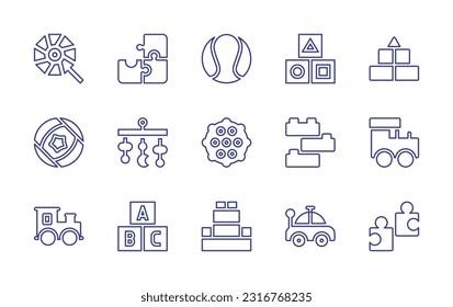 Toy line icon set. Editable stroke. Vector illustration. Containing pinwheel, puzzle, ball, blocks, blocks, crib, pet, construction, train, toy train, toy, lego, car.