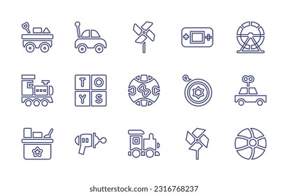 Symbol für Spielzeuglinie eingestellt. Bearbeitbarer Strich. Vektorgrafik. Mit Wagen, Auto, Flipper, Spielekonsole, Hamsterrad, Zug, Würfel, Ball, Joyo, Spielzeug, Spielzeugpistole, Zugspielzeug, Beachball.