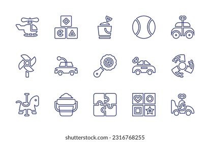 Toy line icon set. Editable stroke. Vector illustration. Containing helicopter, cubes, bucket, ball, clockwork, pinwheel, car, baby rattle, spinner, rocking horse, sand bucket, puzzle, shapes.