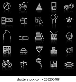 Toy line icons with reflect on black, stock vector 