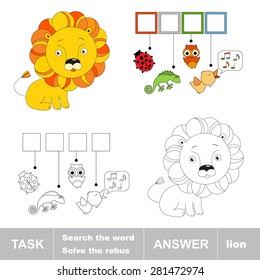 Toy lion. What is the word hidden? Task and answer. Page to be colored. Kid task for children.  Fill letters and solve the hidden word. Find the hidden word. Coloring book with interesting tasks.
