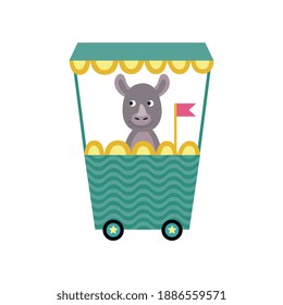 Toy locomotive train wagon with rhinoceros cartoon character, flat vector illustration isolated on white background. Childish design of animal personage on railroad.