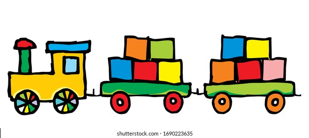 Toy, locomotive, wagon and cubes, colored doodle illustration, eps.