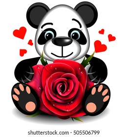 Toy love Panda with realistic red rose on a blank background