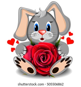 Toy love rabbit with realistic red rose on a blank background