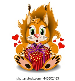 toy loving squirrel with box gift on a blank background