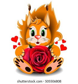 Toy loving squirrel realistic red rose on a blank background