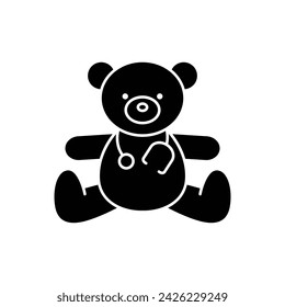 Toy medical icon. Simple solid style. Health, hospital, kid, medicine, bear with stethoscope concept. Black silhouette, glyph symbol. Vector illustration isolated.