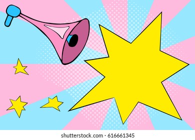 Toy megaphone with blank text bubble. Blank text bubble vector illustration with pink megaphone and stars. Shop sale banner template with empty text place. Cartoon megaphone in retro pop art style 