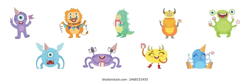Toy Monster With Birthday Party Object Vector Set