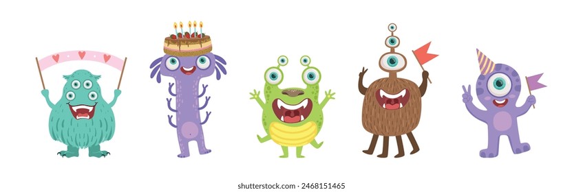 Toy Monster With Birthday Party Object Vector Set