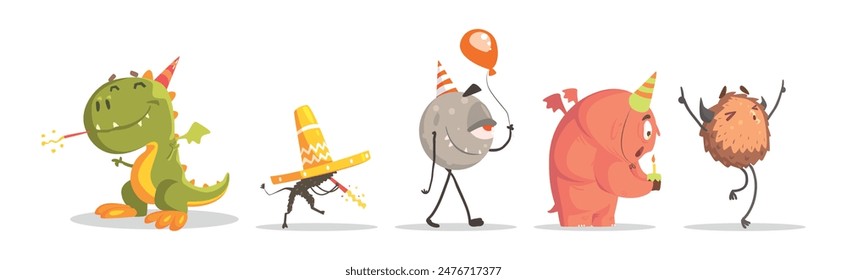 Toy Monster With Birthday Party Object Vector Set