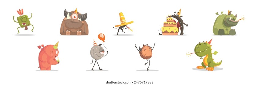 Toy Monster With Birthday Party Object Vector Set