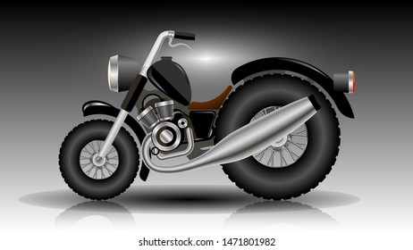 A toy motorcycle is reflected from a shiny surface in black and white space. art wallpaper with 3D effect. vector image