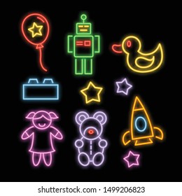 toy neon icons, vector neon glow on dark background