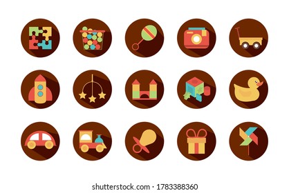 toy object for small children to play, block and flat style cartoon icons set vector illustration