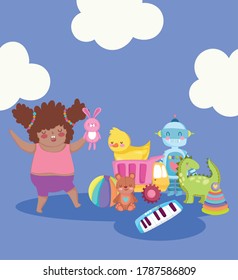 toy object for small kids to play cartoon, cute girl with rabbit in hand and many toys vector illustration