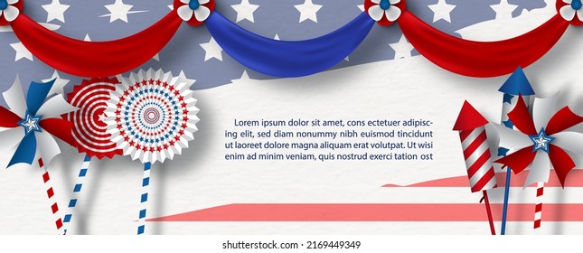 Toy and objects with decorated fabric, example texts on the U.S.A flag and white background.  poster of the U.S.A independent day in papercut style and vector design.