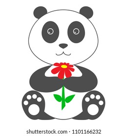 Toy panda seating and holding red flower in his paw. Friendship concept. Vector illustration.