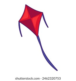 Toy paper kite. Bright flying kite with long fabric tail. Summer holiday icon. Simple stroke vector element isolated on white background