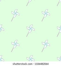 toy paper windmill or pinwheel object seamless pattern on light green background, vector illustration