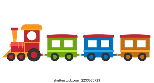 Toy passenger train with three cars of different colors