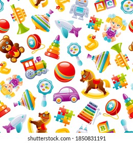 Toy pattern background. Baby seamless vector. Kid cartoon wallpaper for girl, boy. Cute game set with car, train, yo, xylophone, ball, robot, pyramid, puzzle, blocks, duck. Children's top  play box