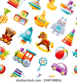 Toy pattern background. Baby seamless vector. Kid cartoon wallpaper for girl, boy. Cute game set with car, train, yo, submarine, ball, robot, pyramid, puzzle, blocks, rocket. Children s top play box
