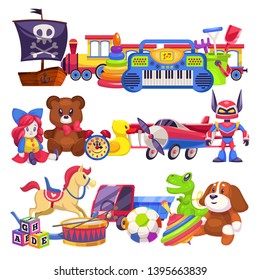 Toy Piles. Cute Colourful Kid Toys Pile With Car, Sand Pail, Child Plastic Animal Bear And Dog, Doll Train For Boy And Girl Vector Isolated Illustration