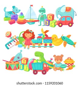 Toy Piles. Kids Toys Groups. Cartoon Baby Doll And Train, Rocket Ball Elephant Plastic Drum And Cars, Boat For Kid Game Gift Box Cute Colorful Isolated Children Vector Set