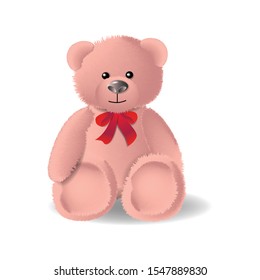 Toy pink bear, with a red bow, on a white background. For the design of banners, cards, flyers.