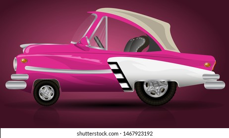 A toy pink car bounces off a shiny floor. Bright colorful wallpaper. vector