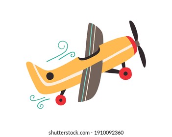 Toy plane with propeller isolated on white background. Side view of flying old airplane. Hand-drawn colored flat vector illustration of kids aircraft