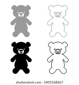 Toy plush bear cute doll set icon grey black color vector illustration image solid fill outline contour line thin flat style