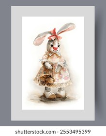 Toy plush hare in vintage women dress for children games on poster. Watercolor artwork. Wall art with toy hare or rabbit for little girls who love dolls, in frame with decor for print