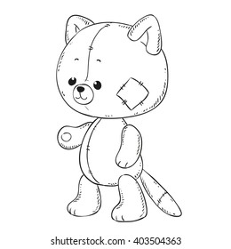 Toy plush kitty. Black outline for coloring book. Vector contour.